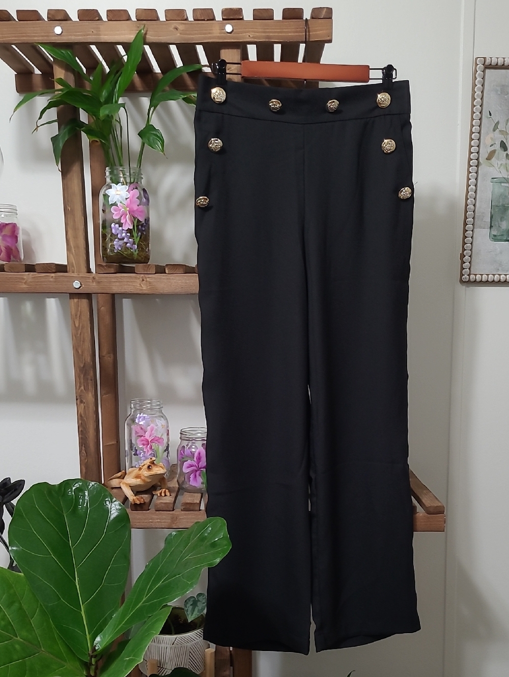 Lascana Elastic Waist Pull-On Gold Button Detail Dress Palazzo Pants NWT